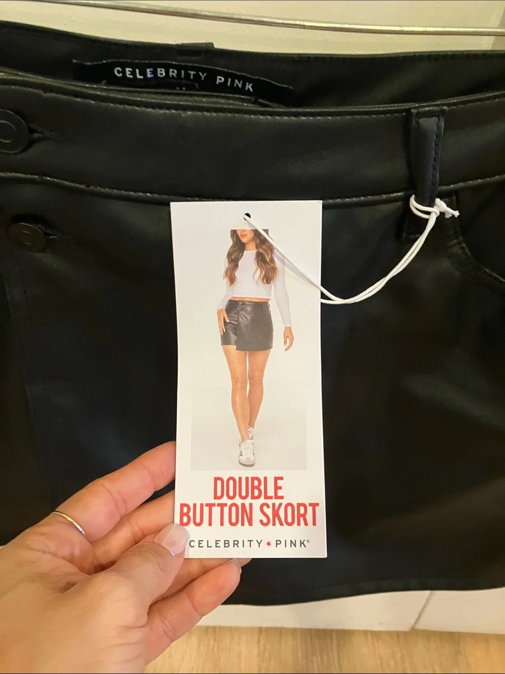 Celebrity Pink Black Faux Leather Mini Skort with Asymmetrical Front